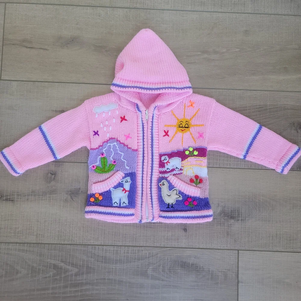The Whisper Handicrafts Girls 100% Wool Llama Zip Hoodie Pink Size 18-24M / 2T